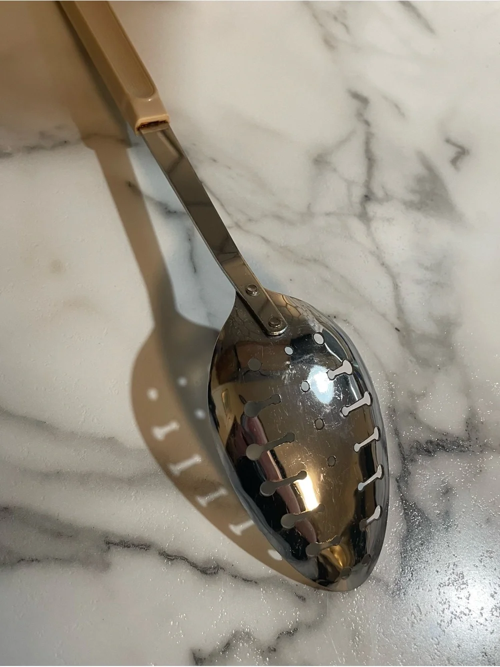 Vintage MCM Ekco 12” slotted kitchen spoon beige handle utensil